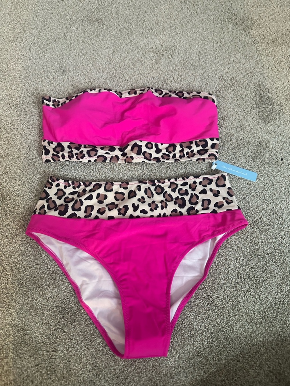 Hot Pink Bandeau Bikini Set with Leopard Trim